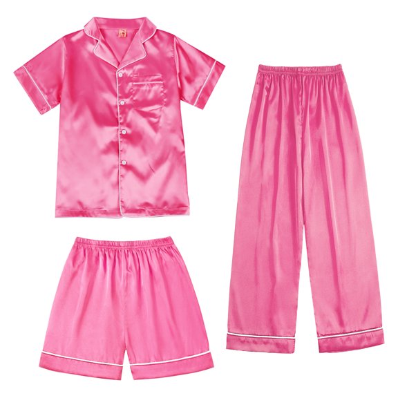 SILVERCELL 3Pcs Kids Girls Boys Satin Pajamas Set Silk Button-Down PJs Sets Soft Loungewear Short Sleeve Sleepwear, Size 5-14 Years