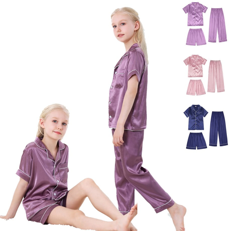 SILVERCELL 3Pcs Kids Girls Boys Satin Pajamas Set Silk Button-Down PJs ...