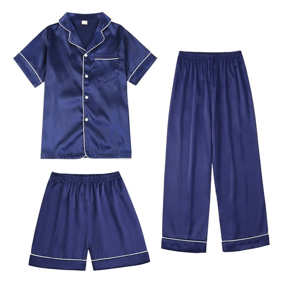 SILVERCELL 3Pcs Kids Girls Boys Satin Pajamas Set Silk Button-Down PJs Sets Soft Loungewear Short Sleeve Sleepwear, Size 5-14 Years