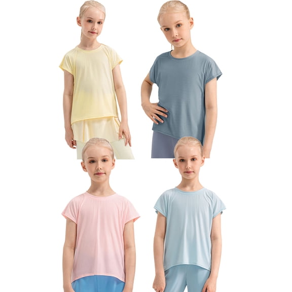 SILVERCELL 4 Pack Girls Athletic Tops Short Sleeves Dry Fit Active Yoga Dance Sports Shirts 5-12Years