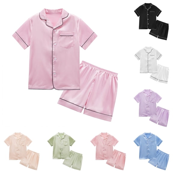 SILVERCELL 4T-14T Unisex Girls Boys Satin Pajamas Set 2Pcs Short Sleeve Sleepwear Silk Button-Down PJs Sets Nightwear Loungewear Gifts For Teens Kids