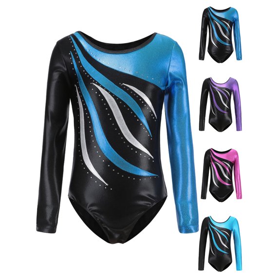 SILVERCELL 5-13Y Kid Girls Gymnastic Leotard Shiny Long Sleeve Ballet Latin Dance One Piece Outfit