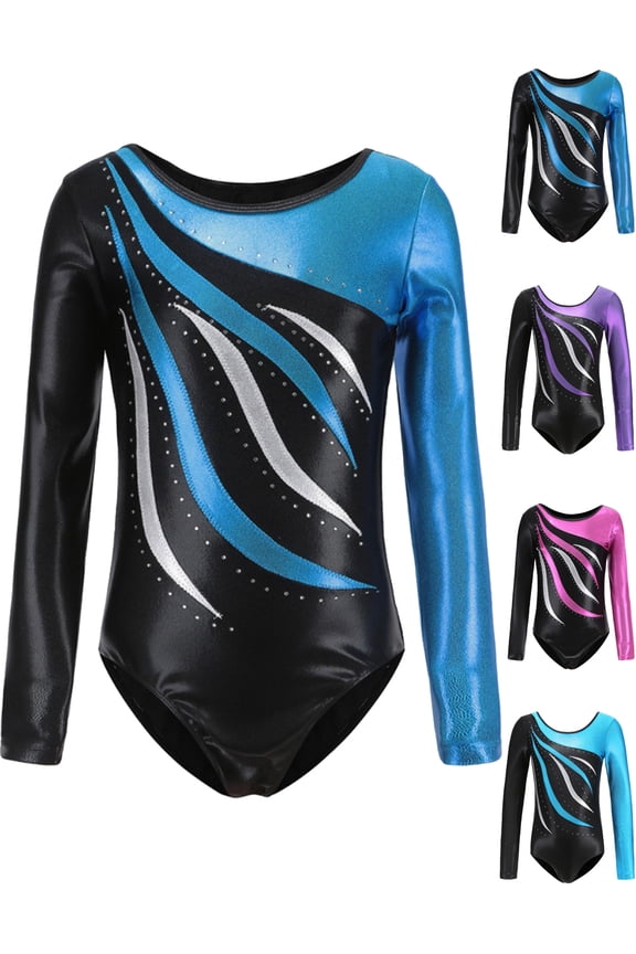 5-13Y Kid Girls Gymnastic Leotard Shiny Long Sleeve Ballet Latin Dance One Piece Outfit