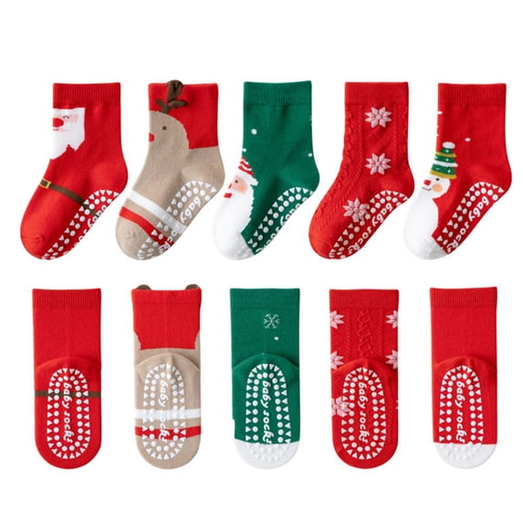 SILVERCELL 5 Pairs Christmas Socks Baby Kids Non-slip Cartoon Printed Xmas Holiday Festival Toddler Children's Santa Socks with Grips 1-12T