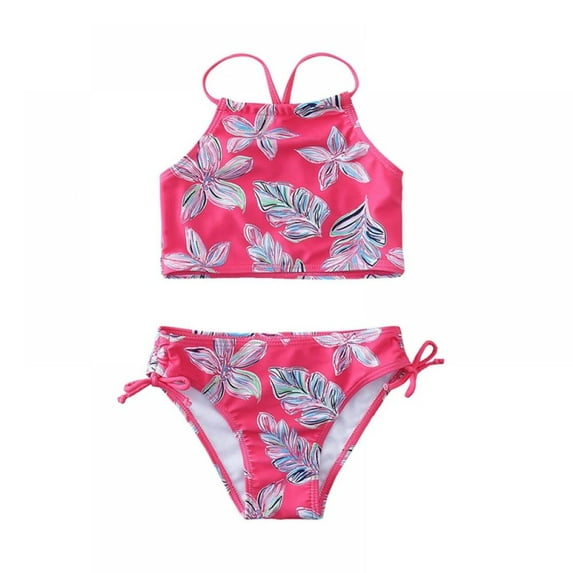 SILVERCELL 7-14T Little Girls Summer Beach Halter Bikini Set, 2Pcs Big Girls Floral Strap Swimsuits Bathing Suit