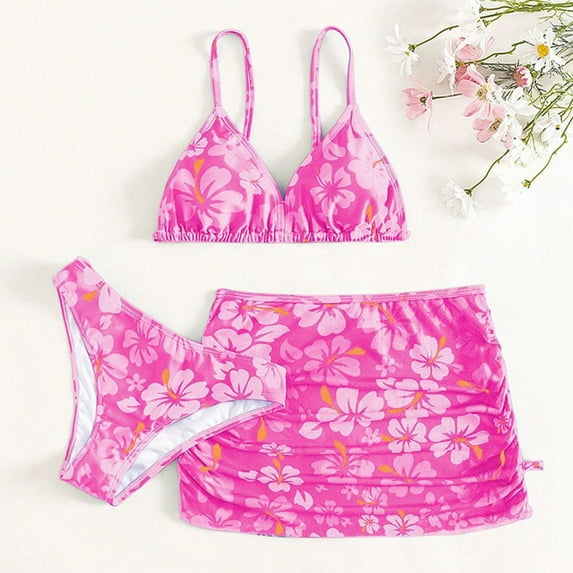 SILVERCELL 8-13T Girls Swimsuits Floral Bikinis Bathing Suit Swimwear Beachwear, 3 Pieces Set