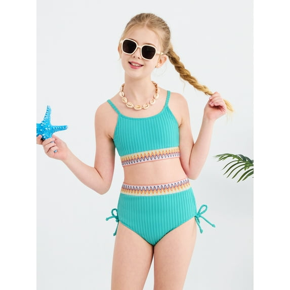 SILVERCELL 9-16T Girls Summer Ribbed Swimsuits, Teens Girls' Drawstrings Bikinis Bathing Suit Adjustable Straps Swimwear, 2 Pieces, Size 9-16 Years