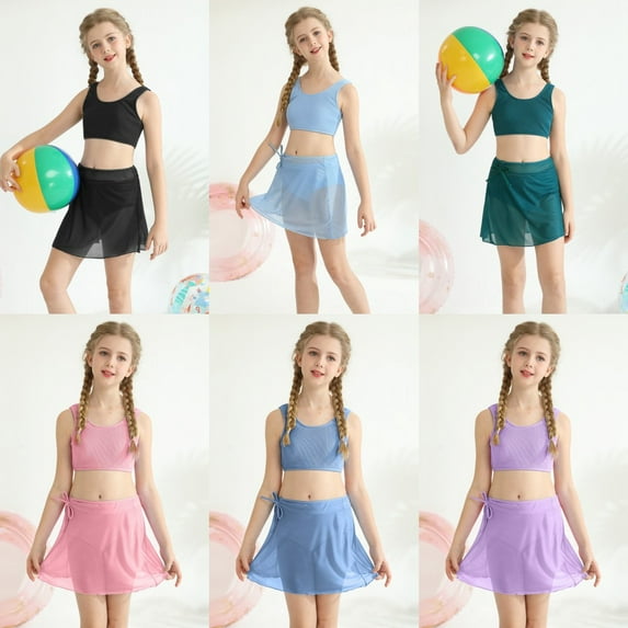 SILVERCELL 9-16T Teens Girls 3 Pieces Swimsuits Bathing Suit Kids Summer Cute Solid Swimwear Set with Skirt, Size 9-16 Years