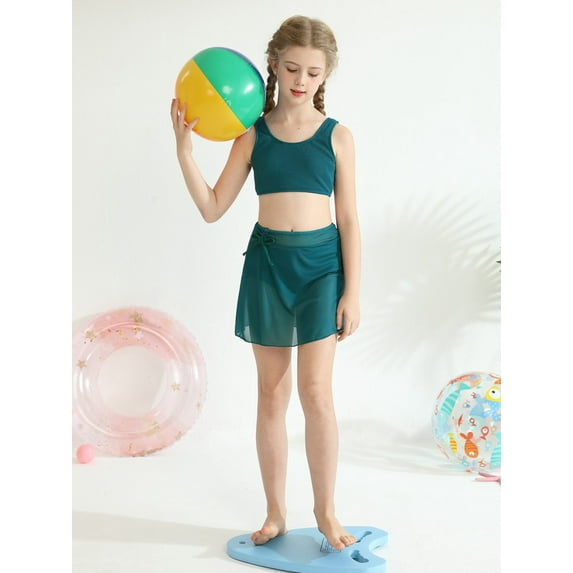 SILVERCELL 9-16T Teens Girls 3 Pieces Swimsuits Bathing Suit Kids Summer Cute Solid Swimwear Set with Skirt, Size 9-16 Years