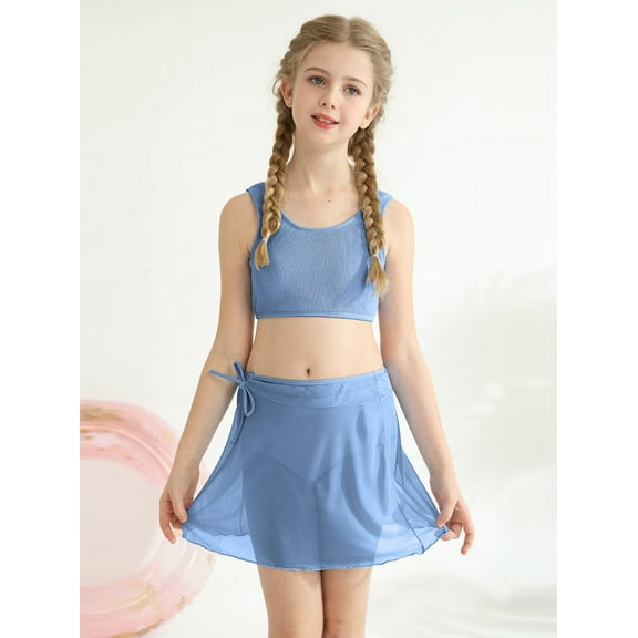 SILVERCELL 9-16T Teens Girls 3 Pieces Swimsuits Bathing Suit Kids Summer Cute Solid Swimwear Set with Skirt, Size 9-16 Years