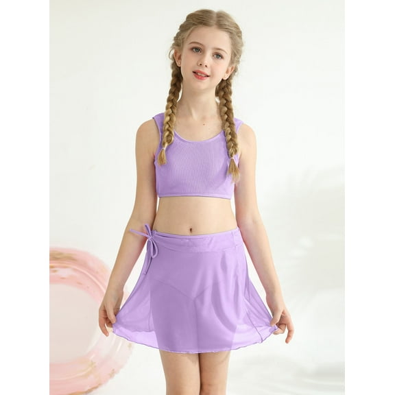 SILVERCELL 9-16T Teens Girls 3 Pieces Swimsuits Bathing Suit Kids Summer Cute Solid Swimwear Set with Skirt, Size 9-16 Years