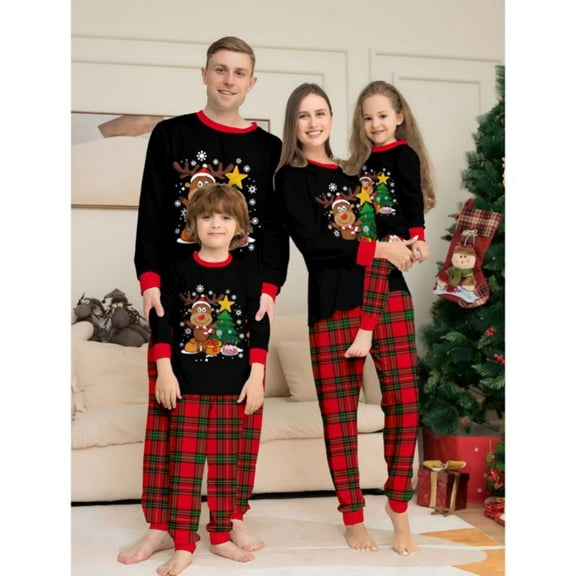 SILVERCELL Autumn and Winter Cartoon Reindeer Christmas Tree Print Family Pajamas Set Christmas Casual Home Wear
