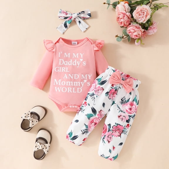 SILVERCELL Baby Girl Autumn Long Sleeved Letter Triangle Jumpsuit + Flower Print Bow Long Pants + Hairband Three Piece Set 0-18M