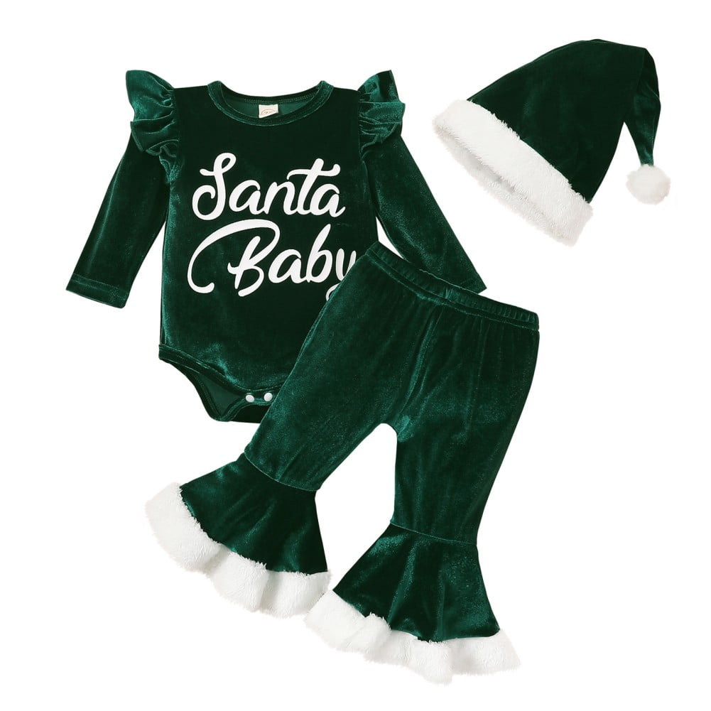 SILVERCELL Baby Girl Christmas Clothes Set Red Velvet Santa Claus Romper+Bell Bottom Pants+Hat