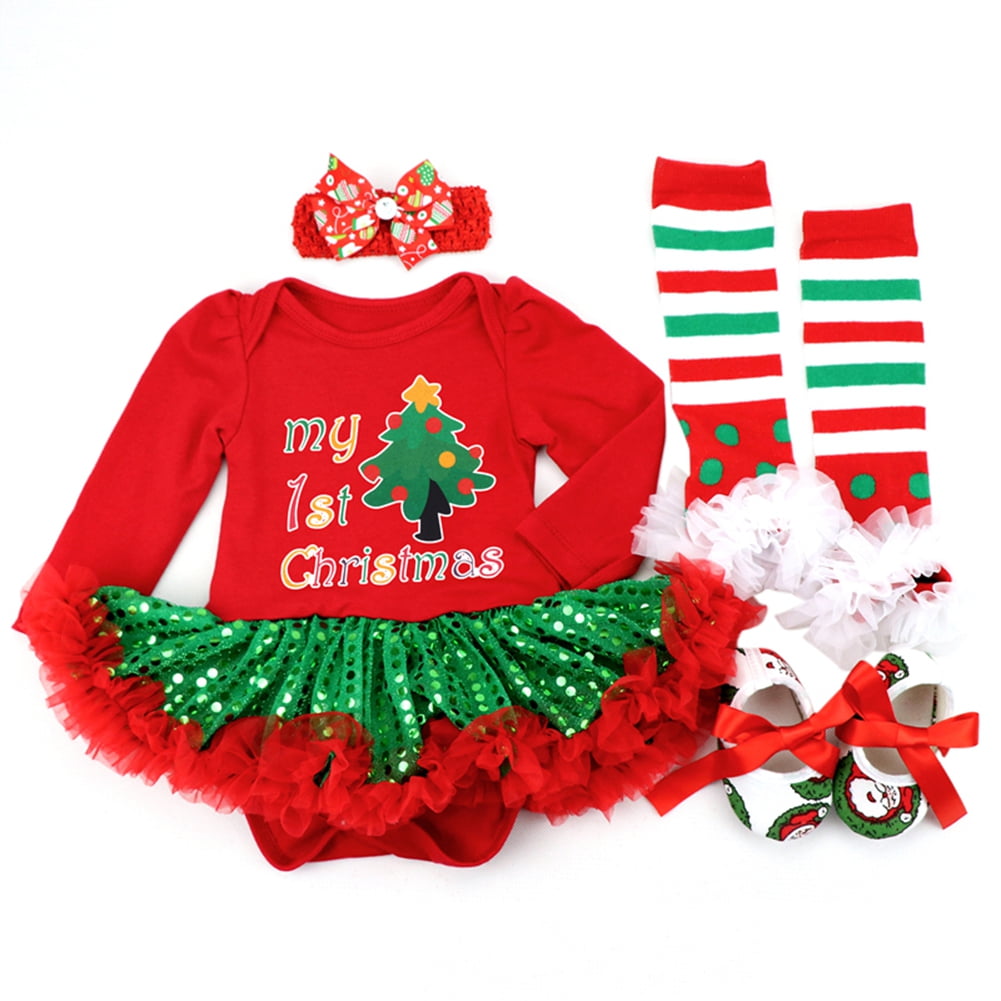 SILVERCELL Baby Girls My First Christmas Outfit Newborn Infant 1st Xmas Princess Tutu Romper Dress + Headband + Sock Leggings+ Shoes 4Pcs