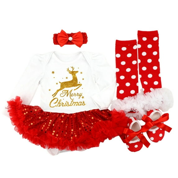 SILVERCELL Baby Girls My First Christmas Outfit Newborn Infant 1st Xmas Princess Tutu Romper Dress + Headband + Sock Leggings+ Shoes 4Pcs
