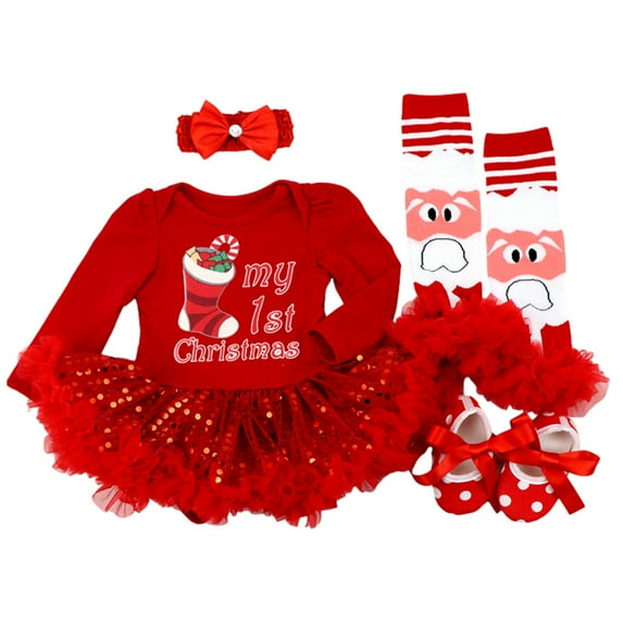 SILVERCELL Baby Girls My First Christmas Outfit Newborn Infant 1st Xmas Princess Tutu Romper Dress + Headband + Sock Leggings+ Shoes 4Pcs