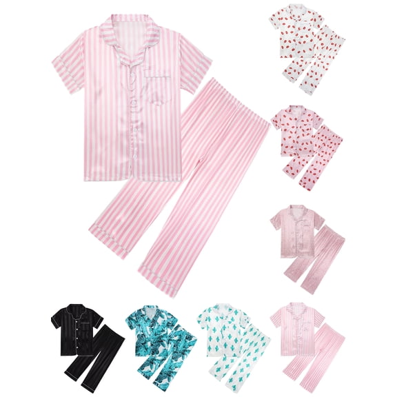 SILVERCELL Boys Girls Satin Pajamas Set Silk Pjs Short Sleeve Kids 2 Piece Sleepwear Button-Down Nightwear 5-14Y