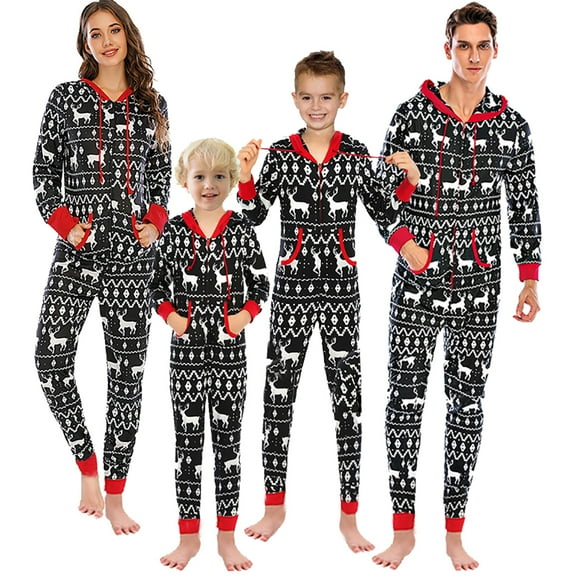 SILVERCELL Family Matching Christmas Pajamas Set for Mom/Dad/Kids Long Sleeve Zipper Christmas Sleepwear Hooded Jumpsuit Pjs with Pockets