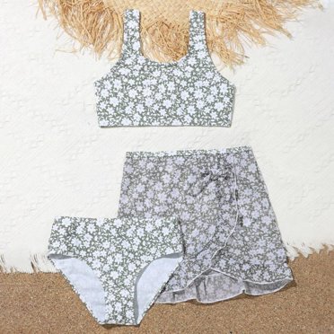 FEOYA Girls 3 Piece Bikini Set Floral Leaf Print Summer Skirt