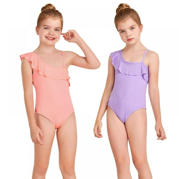 SILVERCELL Girl's Cute Bathing Suit One Shoulder Ruffle Trim One Piece Swimsuit 8-14 Years