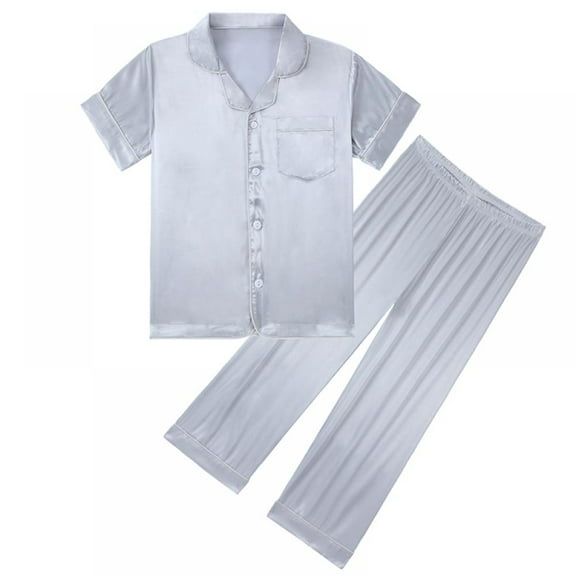 SILVERCELL Girls Boys Kids Silk Satin Pajamas Set Button-Down Clothes Short Sleeve Loungewear Sleepwear PJS 5-14 Years