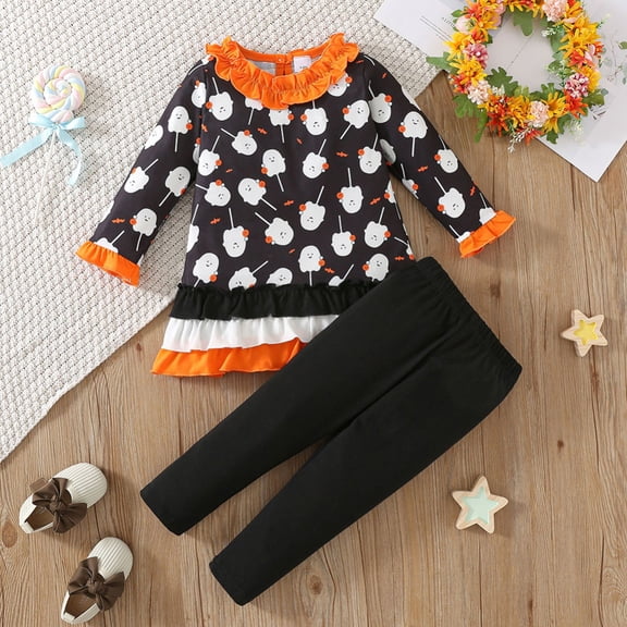 SILVERCELL Girls' Halloween Set Elf Printed Lace Sleeves Pullover and Stripe Long Pants Two-Piece Set for 1-8 Years Toddler Kids