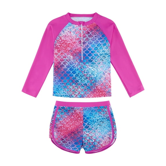 SILVERCELL Girls Long Sleeve Rash Guards Swimsuit Printed Swim Shirts + Shorts 2PCS Bathing Suit Set, 3-10 Years