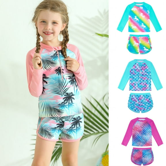 SILVERCELL Girls Long Sleeve Rash Guards Swimsuit Printed Swim Shirts   Shorts 2PCS Bathing Suit Set, 3-10 Years