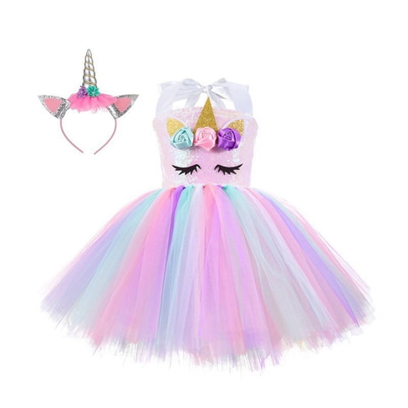 SILVERCELL Handmade Sequin Unicorn Dress for Girls with Headband Birthday Dance Party Dresses 1-10 Years
