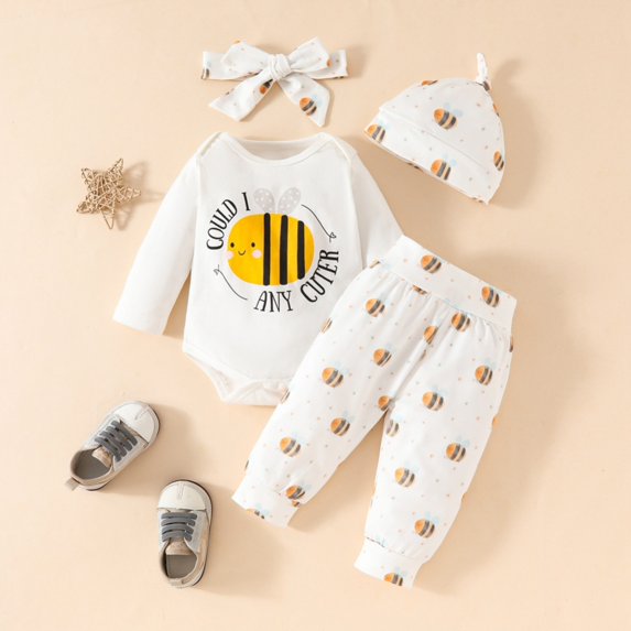 SILVERCELL Infant Toddler Bee Letter Pattern Long Sleeved Triangle Jumpsuit+Pants+Hairband+Hat Four Piece Set for Girls 0-18M