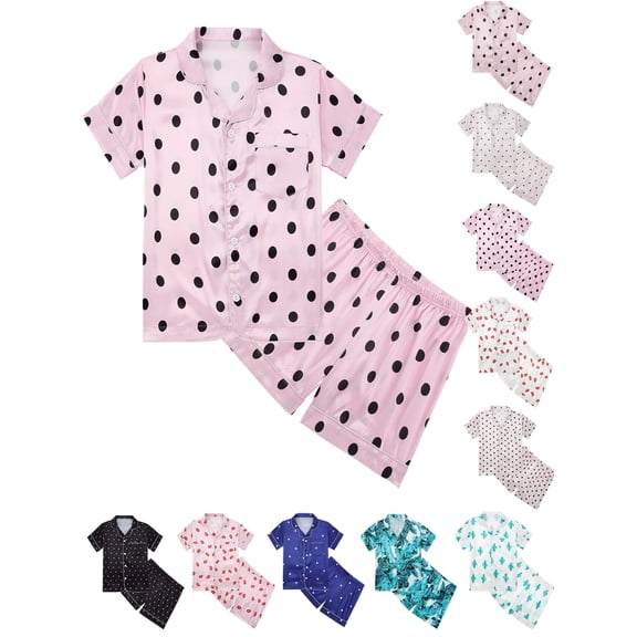 SILVERCELL Kids Girls Boys Satin Pajamas Sets Short Sleeve Button-Down Sets Sleepwear Soft Lounge PJs 5-14Y