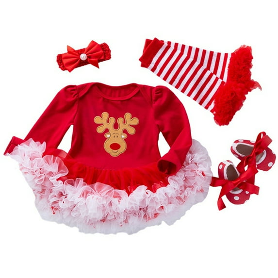 SILVERCELL My First Christmas Clothes Baby Girls Christmas Romper Dress+ Legging Socks+Shoes+Bowknot Headband 4Pcs Outfit Set