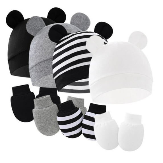 SILVERCELL Newborn Baby Bear Ears Hats and Mittens Sets Preemie Cotton Caps Infant Hospital Beanie for Boys Girls 0-6M