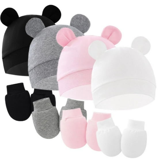 SILVERCELL Newborn Baby Bear Ears Hats and Mittens Sets Preemie Cotton Caps Infant Hospital Beanie for Boys Girls 0-6M