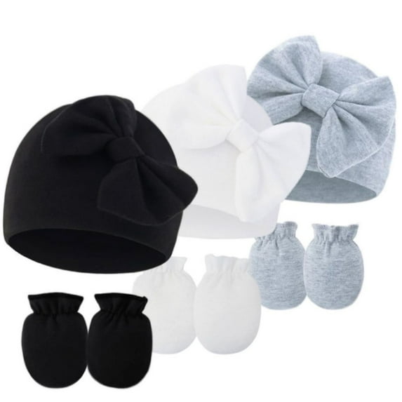SILVERCELL Newborn Baby Bow Hats and Mittens Hospital Hat Beanie Infant Caps Baby Cotton No Scratch Mittens Set for 0-6 Months