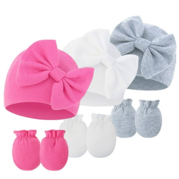 SILVERCELL Newborn Baby Bow Hats and Mittens Hospital Hat Beanie Infant Caps Baby Cotton No Scratch Mittens Set for 0-6 Months