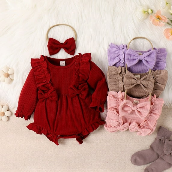 SILVERCELL Newborn Baby Girls Long Sleeve Ruffled Romper Bodysuit + Headband Outfits Clothes Set 0-24M