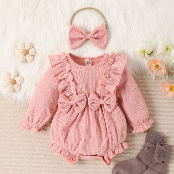 SILVERCELL Newborn Baby Girls Long Sleeve Ruffled Romper Bodysuit   Headband Outfits Clothes Set 0-24M
