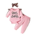 thumbnail image 1 of SILVERCELL Newborn Girl Jumpsuit Outfits Baby Girls Letter Printed Leopard Romper Solid Color Pant Leopard Bowknot Headband 3 Pieces Set, 1 of 8