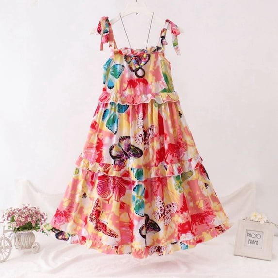 SILVERCELL Summer Toddler Kids Cotton Silk Material Sling Dress Teen Small Floral Pattern Slip Dress with Necklace for Girls 3-16 Years Old