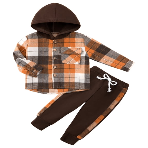SILVERCELL Toddler Baby Boys Clothes Flannel Plaid Button Down Hoodied Tops +Sweatpants Kids Fall Winter Outfits
