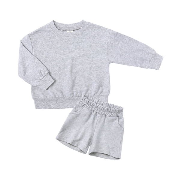 SILVERCELL Toddler Children's Pure Cotton Long Sleeved Top and Shorts Set Teen Solid Color Casual Two Piece Set for Boys or Girls 1-14 Years Old