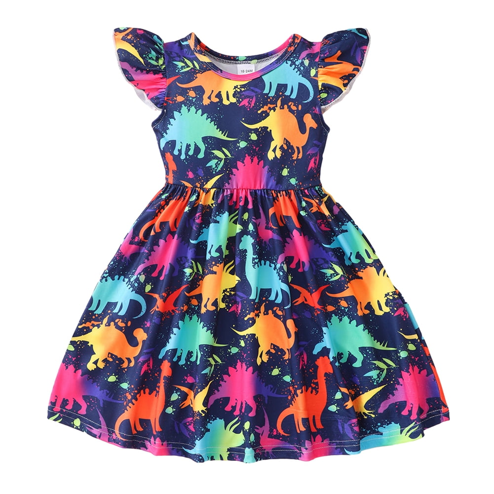 SILVERCELL Toddler Girl Dinosaur Dress Flutter Sleeve Cute Summer