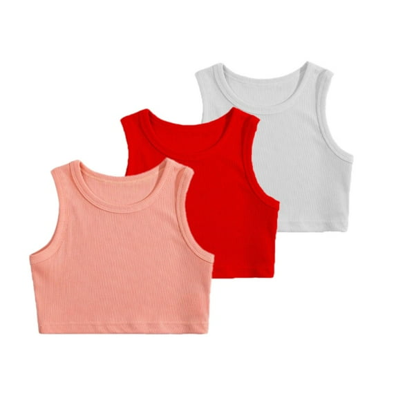 SILVERCELL Toddler Girls' 3 Pack Ribbed Knit Cami Crop Tops, 2-9T Little Girls Sleeveless Round Neck Casual Baisc Crop Tank Tops