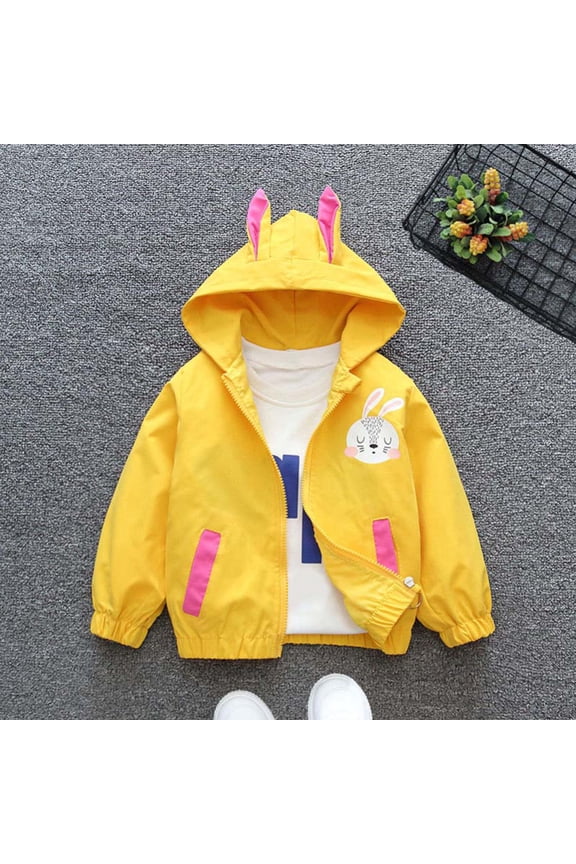 Toddler Kids Spring and Autumn Cute Rabbit Ears Coat for Girls Zip Up Rabbit Printed Jacket with Hooded 1-7T