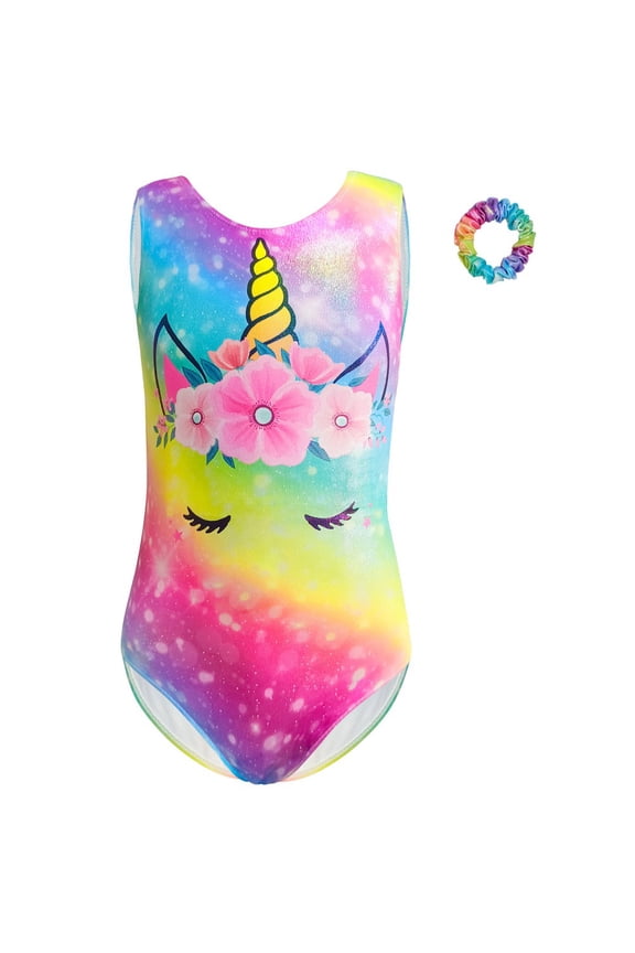 Toddler Little Girls Sleeveless Gymnastics Leotards with Scrunchy, Big Girls Printed Dance Unitard Biketard Dancewear 3-12 Years