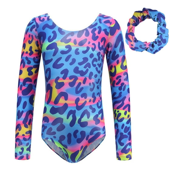 SILVERCELL Toddler Rainbow Leopard Print Tight Jumpsuit Gymnastics Leotards Athletic Dance Bodysuit Headband Sets