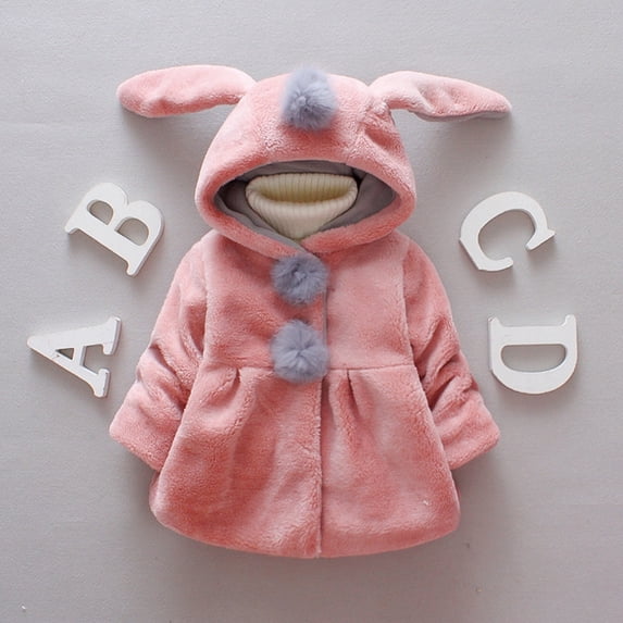 SILVERCELL Winter Long Hooded Jacket with Rabbit Ear for Girls Button Solid Color Plush Thick Coat for 9M-4T Infant Toddler