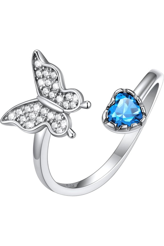 SILVERCUTE Butterfly Rings for Women - 925 Sterling Silver Birthstone Ring Women Jan-Dec Adjustable Ring with Cubic Zirconia Cute Butterfly Jewelry